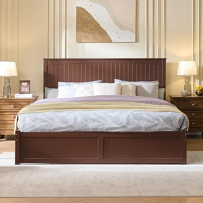 Full Size Solid Wood Bed Frame with Storage, Mid-Century Modern Platform Bed with 50" Headboard & 2 Drawers, No Box Spring Needed/Quiet Support/Easy Assembly/Espresso Brown Finish