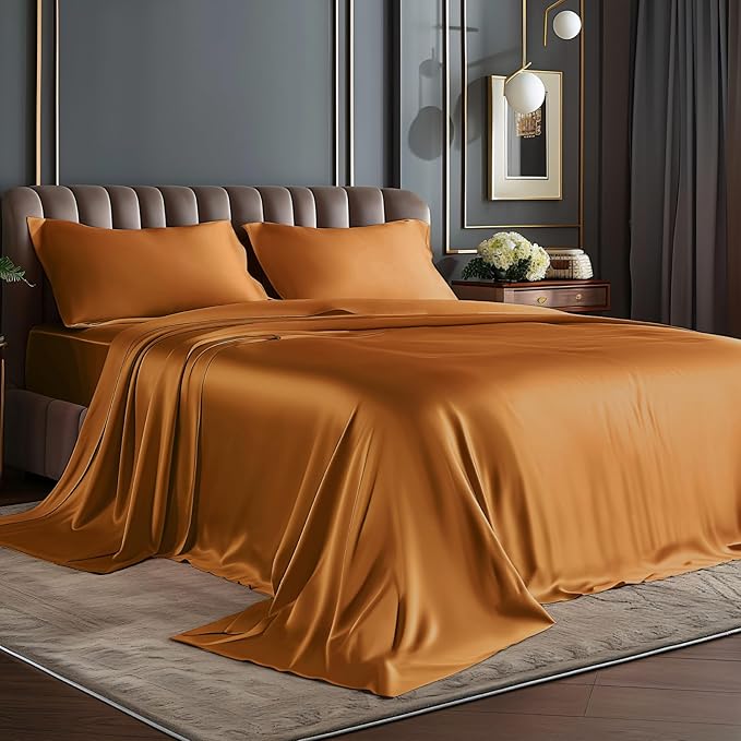 BEDELITE Satin Sheets Full Size Bed Set, Luxury Soft Burnt Orange Silky Sheets for Hair and Skin, Similar to Silk Bed Sheets Set 4 Pieces with 1 Deep Pocket Fitted Sheet, 1 Flat Sheet, 2 Pillowcases