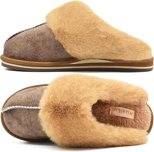 KuaiLu Womens Fluff Dual Memory Foam Slippers Ladies Cozy Arch Support Warm Scuff Slippers Slip on Comfy Winter House Shoes with Non-Slip Indoor Outdoor Hard Sole