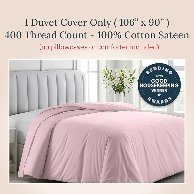 California Design Den King Duvet Cover Only - Premium 400 Thread Count, Natural 100% Cotton Comforter Cover King Size, Soft Sateen Weave, Button Closure and Corner Ties - Pink