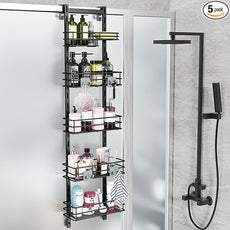 Orimade Over the Door Shower Caddy Adjustable 5 Tier Black,Bathroom Hanging Organizer Shelf Rustproof with 4 Hooks,Shower Basket with Soap Holder and Suction Cup