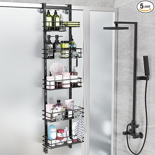 Orimade Over the Door Shower Caddy Adjustable 5 Tier Black,Bathroom Hanging Organizer Shelf Rustproof with 4 Hooks,Shower Basket with Soap Holder and Suction Cup