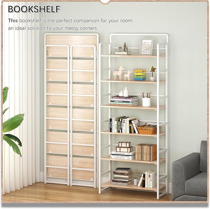 4NM No Assembly 6 Tiers Folding Bookshelf Storage Shelves Vintage Bookcase Standing Racks Study Organizer Home Office (Natural White)