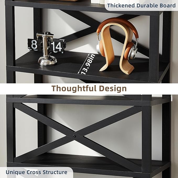 5 Tier Bookshelf 70" Tall Bookcase with Barn Doors,Large Farmhouse Display Book Shelf with Adjustable Shelves and Storage Cabinet，Library Wood Bookshelves for Living Room,Kitchen,Antique Black