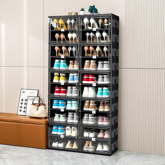 JEKO&JEKO 10 Tiers Foldable Shoe Rack Organizer Cabinet for Closet Entryway, Large Collapsible Shoe Storage Box with Magnetic Doors (Black)