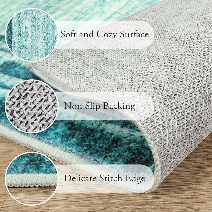 Lahome Modern Abstarct Area Rugs 5x7, Washable Teal 5x7 Bedroom Rug Soft Living Room Rug Non Slip, Low-Pile Indoor Rugs for Living Room Minimalist Floor Carpet for Dining Room Kids Playroom