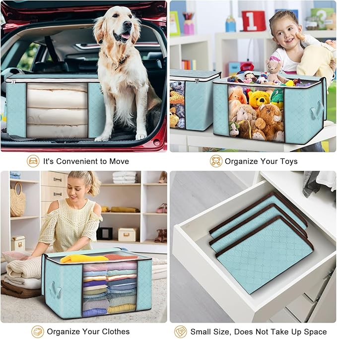 Budding Joy 90 L Large Storage Bags, 6 Pack Clothes Storage Bins Foldable Closet Organizer Storage Containers Storage and Organization for Clothes, Blanket, Comforters, Bed Sheets, Pillows (Blue)