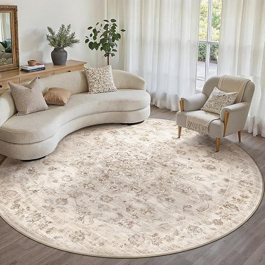 8x8 Washable Neutral Round Rug Beige Vintage Living Room Bedroom Circle Rug Non-Slip Soft Low Pile Floral Indoor Carpet for Kitchen Dining Room Office