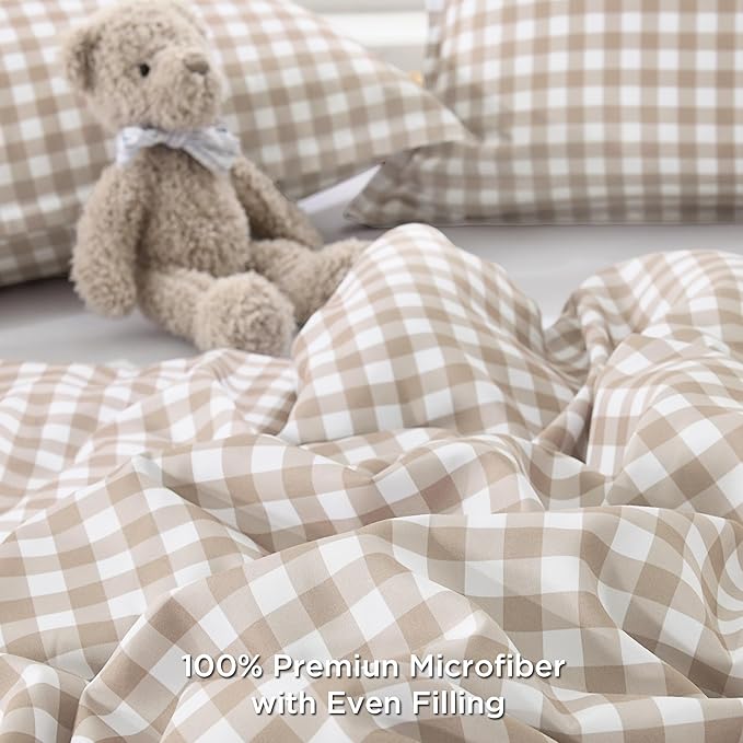 Andency Tan Gingham Comforter Set Queen(90x90Inch), Brown Checkered Grid Plaid Buffalo Bed Set for Girls Boys Kids Teens, 3 Pieces Lightweight Microfiber Geometric Preppy Bedding
