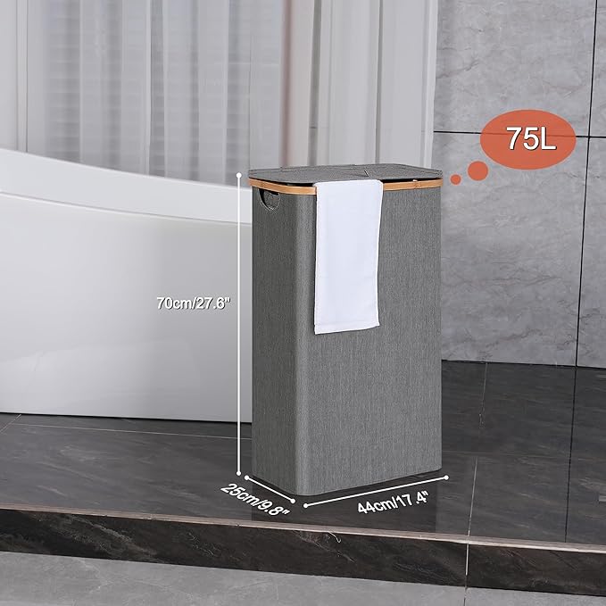 efluky Slim Laundry Hamper with Lid, Narrow Laundry Hamper with Removable Bag, Collapsible Dirty Clothes Basket with Handles for Bathroom, Bedroom & Laundry Room, 75L Grey