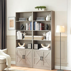 70in Tall Bookshelf 6 Tier Bookcase with Barn Doors and Adjustable Shelf, Oak Grey Farmhouse Book Shelves with Storage Cabinet, Wood Floor Standing Display Bookshelve for Bedroom, Living Room