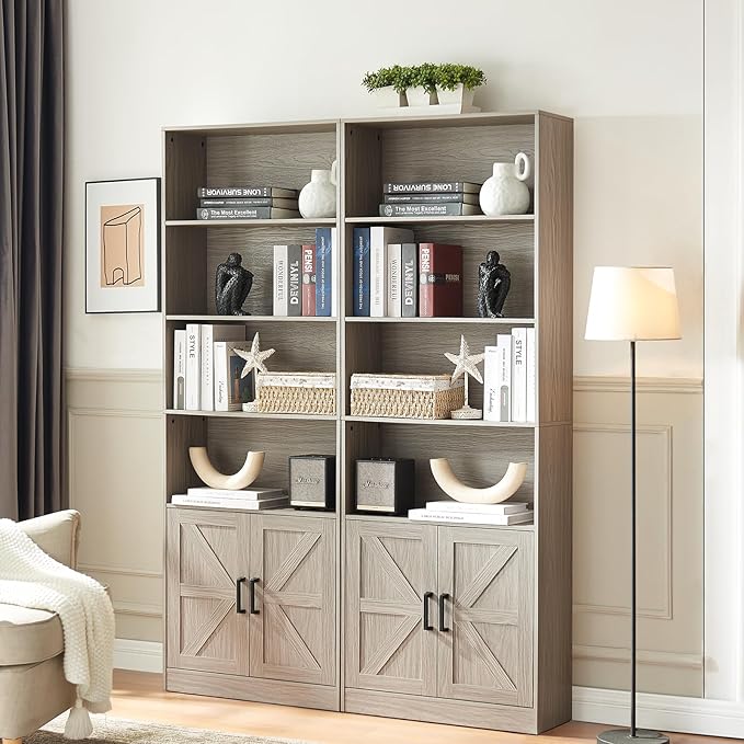 70in Tall Bookshelf 6 Tier Bookcase with Barn Doors and Adjustable Shelf, Oak Grey Farmhouse Book Shelves with Storage Cabinet, Wood Floor Standing Display Bookshelve for Bedroom, Living Room