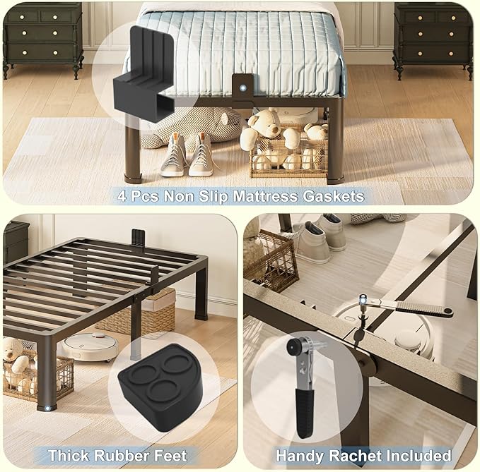 18 inch Twin Bed Frame with Round Corner Legs Mattress Slide Stopper,3500 lbs Heavy Duty Metal Platform,No Box Spring Needed,Steel Slat Support,Easy Assembly,Noise Free