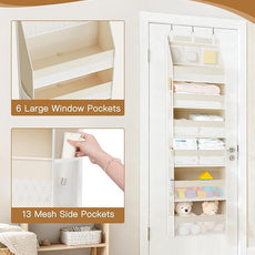 Criusia Over the Door Organizer, 6-Shelf Closet Hanging Storage with 13 Mesh Pockets, 55lbs Capacity Behind the Door Storage for Baby Nursery, Bathroom, Bedroom, and Dorm, Beige