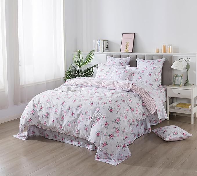 FADFAY Rose Duvet Cover Set Twin Pink Floral Bedding Vintage Botanical Flower Quilt Cover Set Rustic Farmhouse Bedding 100% Cotton Soft Comforter Cover with Hidden Zipper Closure 3Pcs, Twin Size
