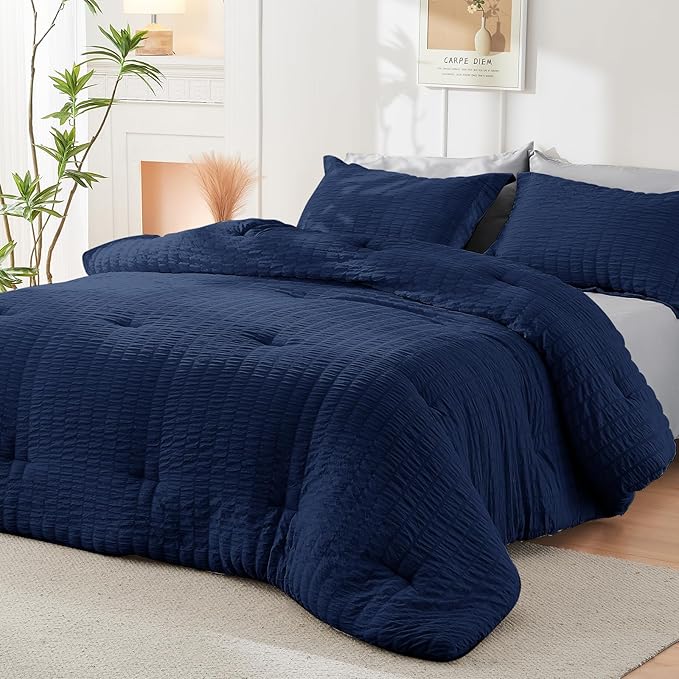 HYMOKEGE Navy Blue/Light Grey Full Size Comforter Sets Seersucker 7 Pieces, All Season Luxury Bed in a Bag for Bedroom, Bedding Set with Comforter, Sheets, Pillowcases & Shams