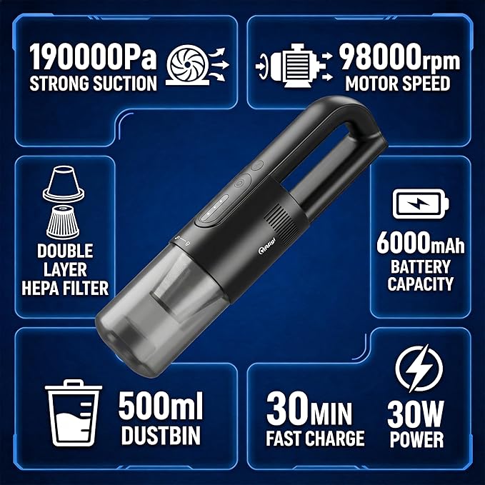 Handheld Vacuum Cordless, 5-in-1 Car Vacuum Portable Cordless 30 Mins Rapid Rechargeable Hand Vacuum Brushless Motor 19000Pa Strong Suction, Dust Busters for Car Home with 4 Nozzles, Black