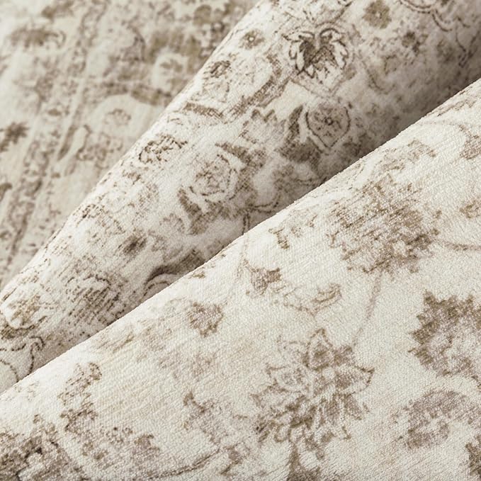 2x3 Washable Neutral Area Rug Beige Vintage Entryway Kitchen Carpet Non-Slip Soft Low Pile Floral Indoor Small Throw Rug for Bedroom Bathroom Entrance
