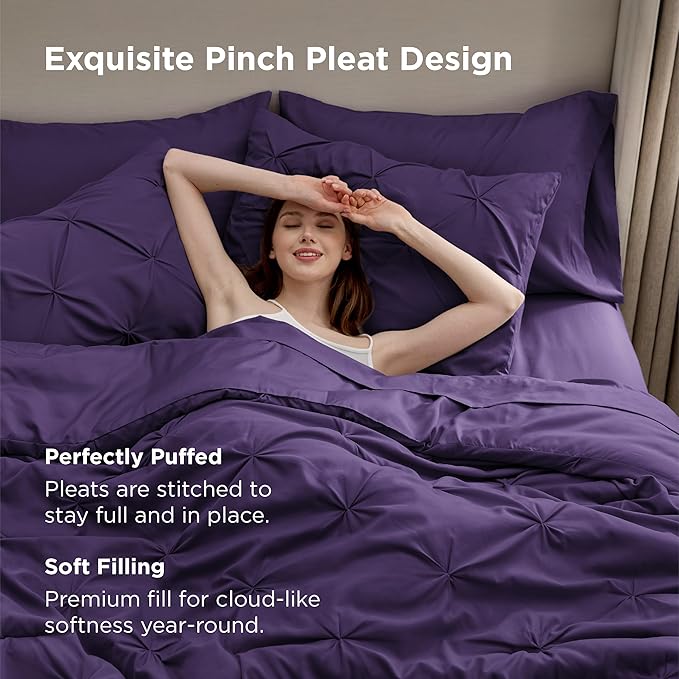 Bedsure Queen Comforter Set Purple - Bed in a Bag Queen Size Bedding 7 Pieces, GentleSoft™ Pintuck Bed Set Gift for Family, Pinch Pleat All Season Comforter with Sheets, Pillowcases & Shams