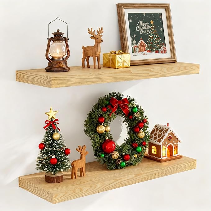 Fun Memories 32 Inch Floating Shelves, Wall-Mounted Bathroom Shelves Set of 2, 9.3 Inch Deep Floating Shelf Bookshelf for Living Room, Bedroom, Heavy-Duty Deep Storage Shelf for Wall, Oak Color