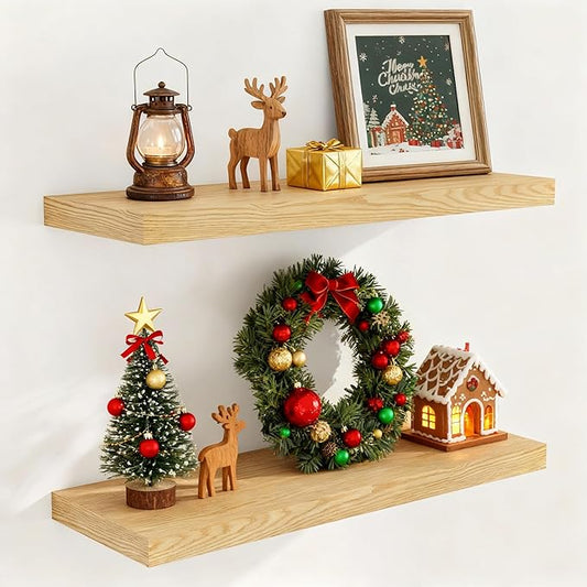 Fun Memories 32 Inch Floating Shelves, Wall-Mounted Bathroom Shelves Set of 2, 9.3 Inch Deep Floating Shelf Bookshelf for Living Room, Bedroom, Heavy-Duty Deep Storage Shelf for Wall, Oak Color