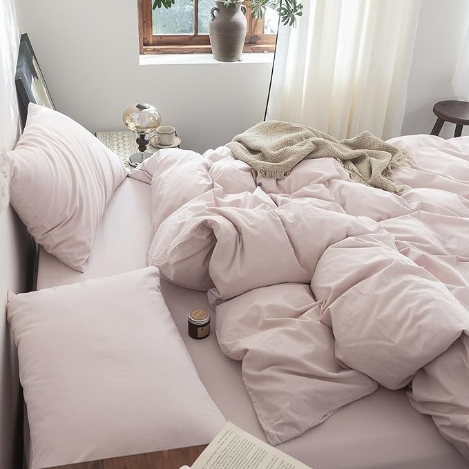 FOSSA Duvet Cover Set 100% Washed Cotton Linen Feel Super Soft Breathable Cozy 3 Pieces Bedding Sets Solid Greyish Pink Super Queen