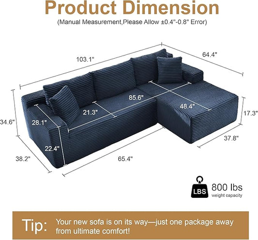 105''Sectional Cloud Couch with L Shaped Chaise,Modern Modular Sectional Sofa,Comfy Sectional Couches for Living Room,Bedroom,Apartment (Blue, 105''W Right Facing Chaise)