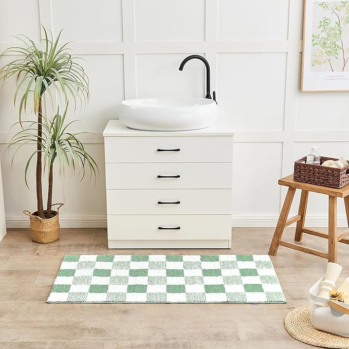 CozeCube Bath mats for Bathroom Non Slip, Fluffy Absorbent Microfiber Bath mat Washable, Aesthetic Bathroom Rugs, Large Sage Green Checkered Bath mat, Sage Green, 36" x 24"
