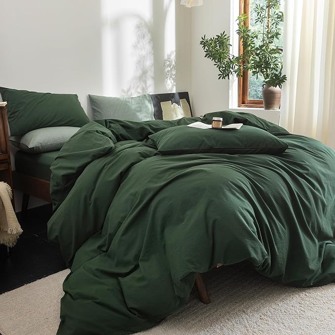 FOSSA Duvet Cover Set 100% Washed Cotton Linen Feel Super Soft Breathable Cozy 3 Pieces Bedding Sets Solid Forest Green Oversized Queen