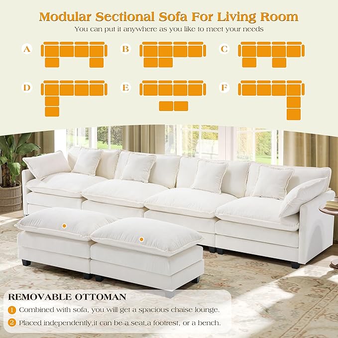 149.2" Modular Sectional Sofa,U Shaped Couch for Living Room,Modern Deep Seat Sofa 3 Seater Chenille Fabric Comfy Cloud Couches with Throw Pillows & Movable Ottoman