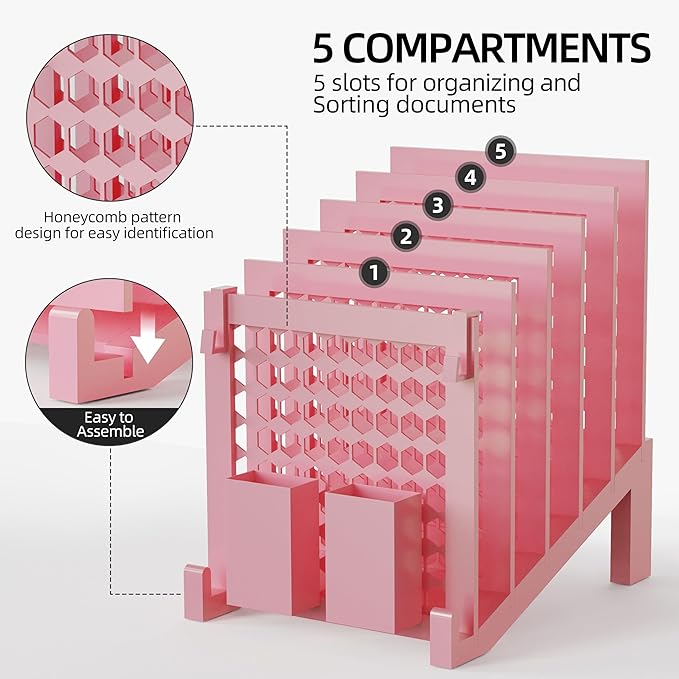 File Organizer for Desk with Storage Box & Hook, Inclined Desk File Organizer with 5-Section Vertical File Holder suitable for Home Office Document Organization (Pink-01)
