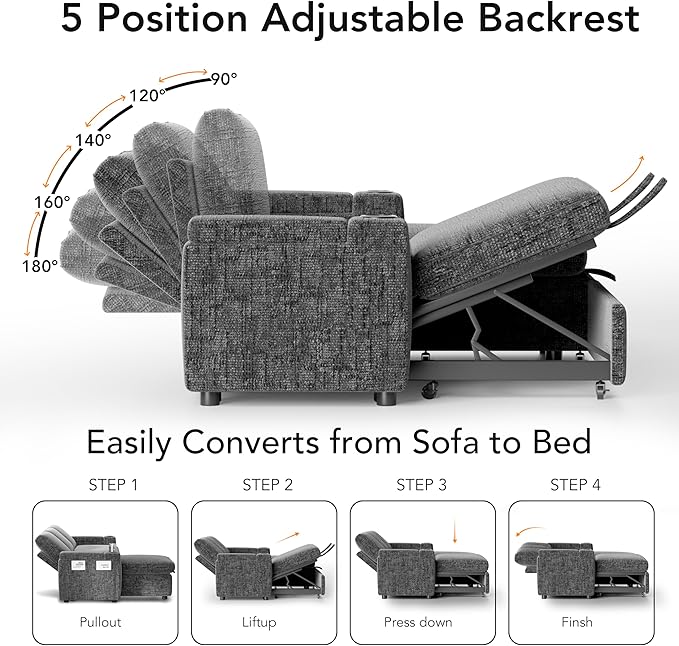 Sunny Heart L-Shaped Sleeper Sofa with Pull Out Bed, 82" Sectional Couch with Reclining Backrest, Reversible Storage Chaise, Armrest Storage, Cup Holders, Side Pockets, Tool-Free Assembly, Grey