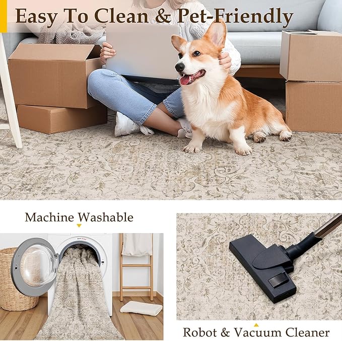 6x9 Washable Beige Area Rug Vintage Living Room Bedroom Carpet Non-Slip Soft Low Pile Distressed Indoor Throw Rug for Dining Room Entryway Office