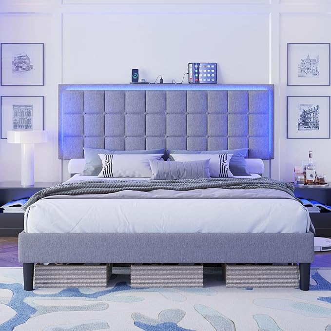 AMERLIFE King Size Button Tufted Platform Bed Frame with LED Lights, Upholstered Bed Frame with Charging Station, Wood Slat Support, Mattress Foundation, Light Grey