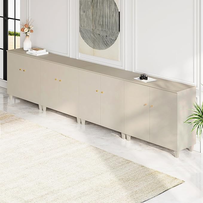 WAMPAT Storage Cabinets with Doors, Set of 4 Wood Sideboards Extra Wide Buffet Storage Cabinets, Accent Cabinets with 12 Compartments Shelf for Living Room, Dining Room, Kitchen, 2 Packs, Dark Beige