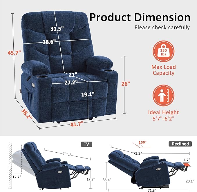 MCombo Oversized Power Lift Recliner Chair with Extended Footrest, Extra Wide 27.2" for Big and Tall Elderly People, Fabric R7399 (Navy Blue, Large-Oversize)