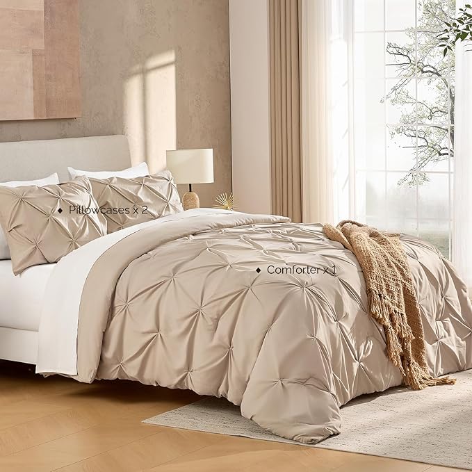 Andency Wheat Pinch Pleat Comforter King, 3 Pieces Solid Farmhouse Shabby Chic Pintuck Comforter, Boho Vintage Rustic Lightweight Soft Microfiber Bedding Set All Season (104x90Inch)