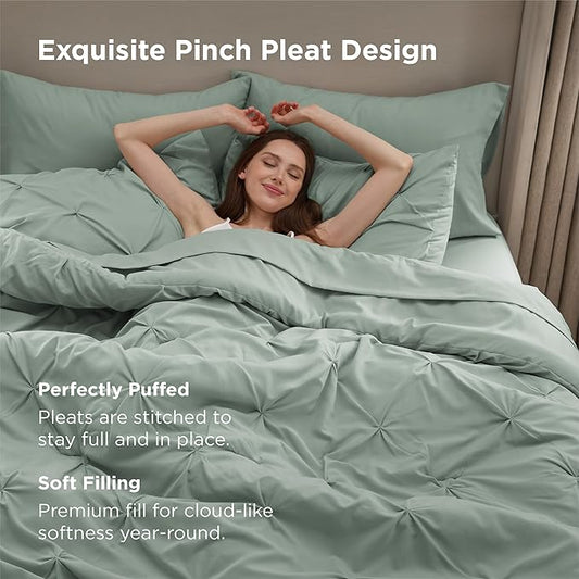 Bedsure Oversized Queen Comforter Set Sage Green - Bed in a Bag Bedding Set 7 Pieces, GentleSoft™ Pintuck Bed Set Gift for Family, Pinch Pleat All Season Comforter with Sheets, Pillowcases & Shams