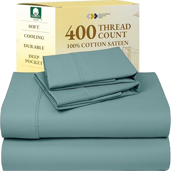 California Design Den Full Size Bed Sheets Set - Soft 400 Thread Count Sateen, Natural 100% Cotton Sheets with Deep Pockets, Breathable, and Durable Bedding Set - Teal CaliforniaDesignDen