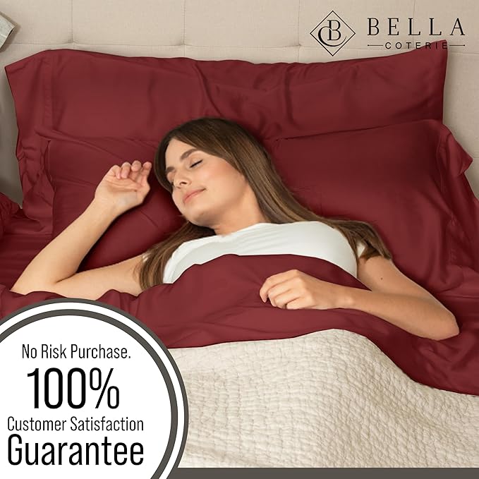Bella Coterie 6 Piece Luxury Bamboo Viscose Split Top King Size Sheet Set | 34" Split for Adjustable Beds | 100% Organically Grown| Cooling | 18” Deep Pocket | 4 Pillowcases [Merlot]