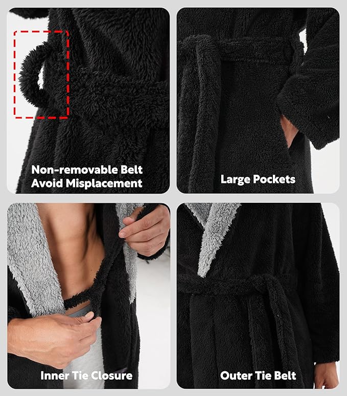 DAVID ARCHY Men's Hooded Robe Soft Coral Fleece Microfiber Bathrobe