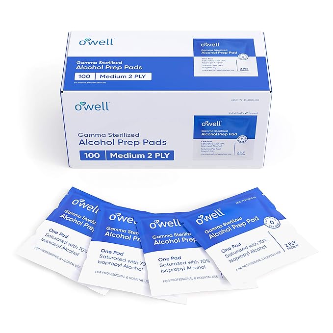 OWELL Prep Pads - 1000 Individually Wrapped Sterile Alcohol Wipes, Medium 2-Ply Antiseptic Wipes for Disinfecting Skin, First Aid Kit Alcohol Swabs (10 boxes of 100ct)