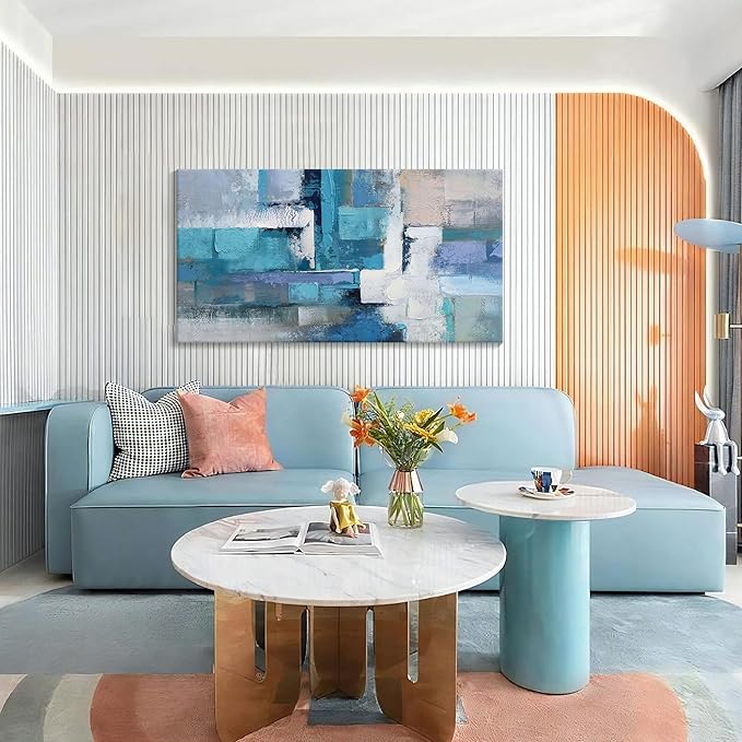 AJAZIKO Blue Modern Wall Art for Living Room - Blue Abstract Canvas Wall Art - Ideal for Bedroom, Office Decor, Artwork for Wall Decor, Large Pictures for Living Room 24×48IN