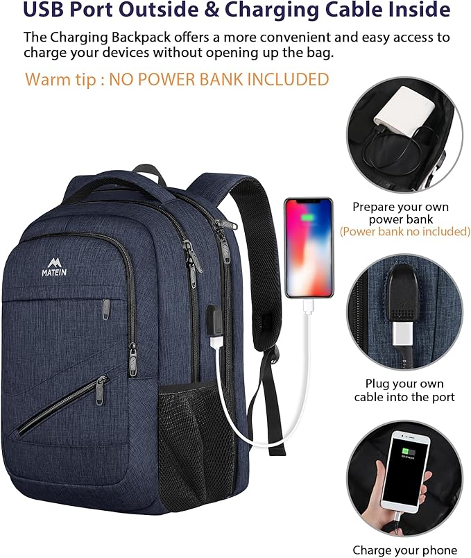 MATEIN 17 Inch Laptop Backpack, Large Work Backpack Travel Carry On TSA Approved with Trolley Sleeve, College Computer Bag with USB Charging Port, Water Resistant Commute Daypack for Men, Dark Blue
