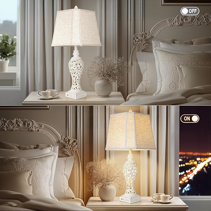 Vintage Table Lamps Set of 2, 28.5'' High Bedside Lamps with Fabric Shade, Farmhouse Nightstand Lamps with USB A+C Ports and Nightlight - Perfect for Living Room Bedroom Office Study (Bulb Included)