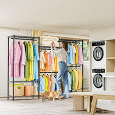 Heavy Duty Rolling Garment Rack 3 Tiers Adjustable Wire Shelving Clothes Rack with Rods Storage Closet Clothing Rack Black 15.7