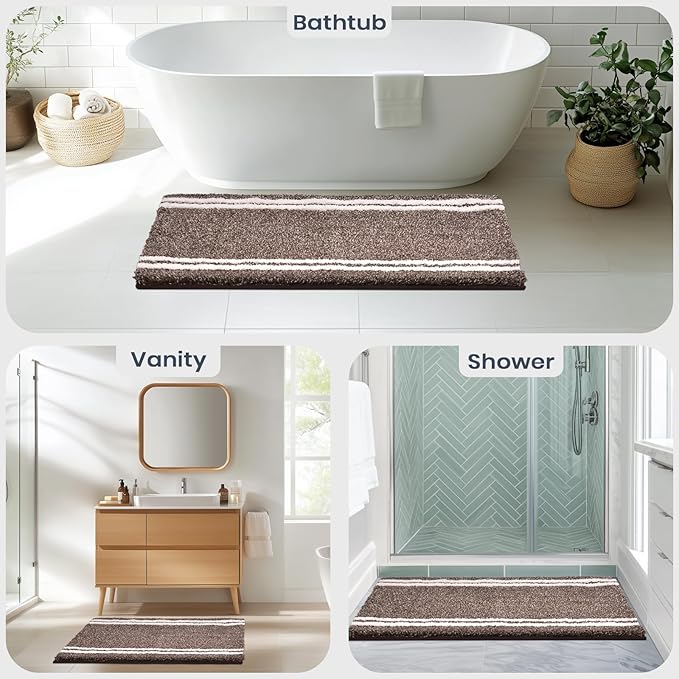PURRUGS Bathroom Rug Non-Slip Machine Washable 24" x 60", Super Absorbent and Quick Dry Shaggy Microfiber Bath Mat, Extra Soft and Plush Bath Rug for Bathtub, Shower and Sink, Brown