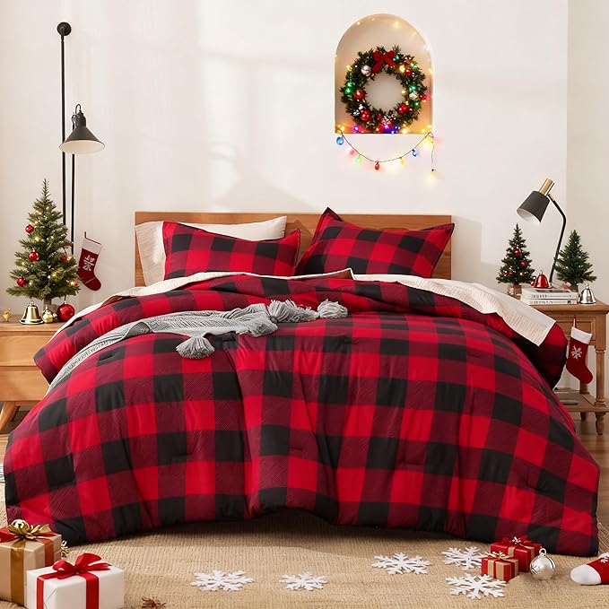 Andency Red and Black Plaid Comforter Set King(104x90Inch), 3 Pieces Buffalo Plaid Checkered Gingham Bedding Comforter Sets, Soft Burgundy Lightweight Geometric Down Alternative Bed Set
