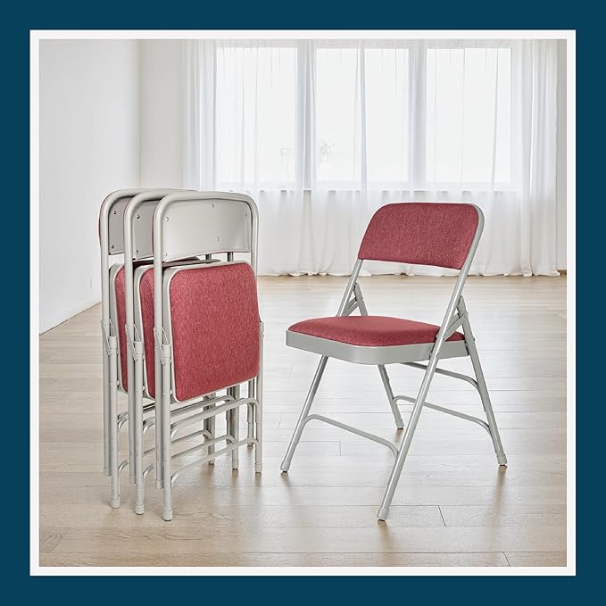 OEF Furnishings OEF2300 Series Heavy-Duty Premium Fabric Padded Upholstery Double-Hinged Triple-Braced Folding Chairs (4-Pack, Crimson Red/Gray)