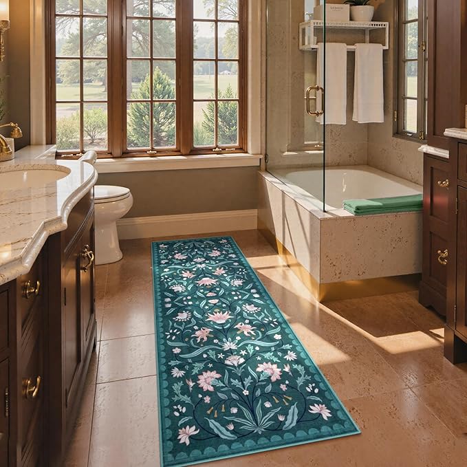 Lahome Boho Floral 2x6 Rug Runners for Hallways Non Slip, Dark Teal Kitchen Runner Rugs Non Skid Washable Bathroom Carpet Runner, Soft Non-Slip Runners for Entryway Laundry(Dark Teal,2x6)